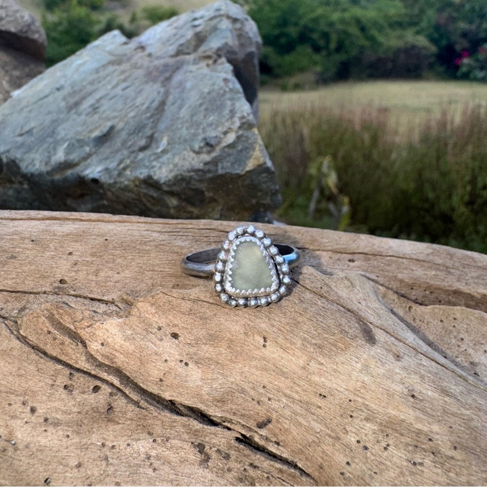 Handmade Sterling silver sea glass ring aqua blue 925 beaded beach coastal ocean - Picture 5 of 5
